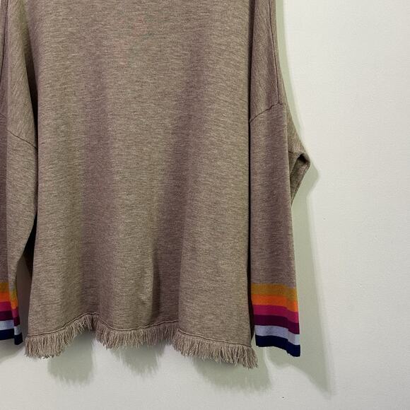 THML Knit Top Sweater M Fringe Trim Tan Pullover Boat Neck Rainbow Stripe Cuff - Picture 8 of 9